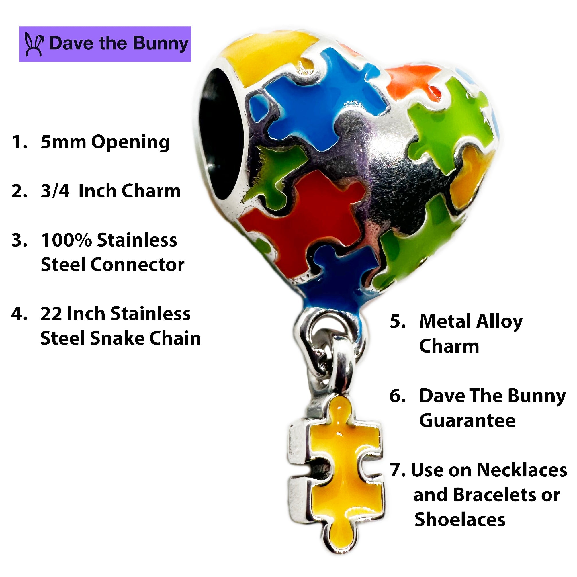 Autism Necklace - Autism Awareness Stuff Stainless Steel Snake Chain Bracelet with Metal Alloy Charm - Autism Mom Jewelry - Autism Must Haves Gift and Autism Necklaces for Women